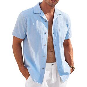 Men Blue Casual Cotton Linen Shirt Short Sleeve Button Up Shirt Summer Beach Top